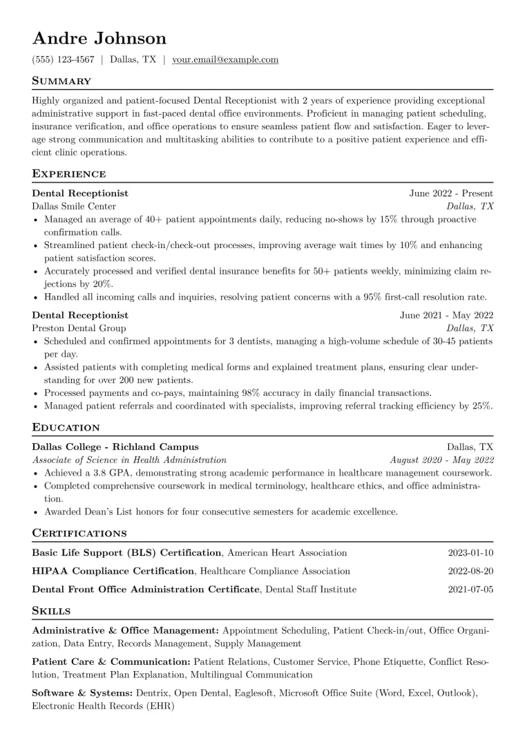 Dental Receptionist Resume Example