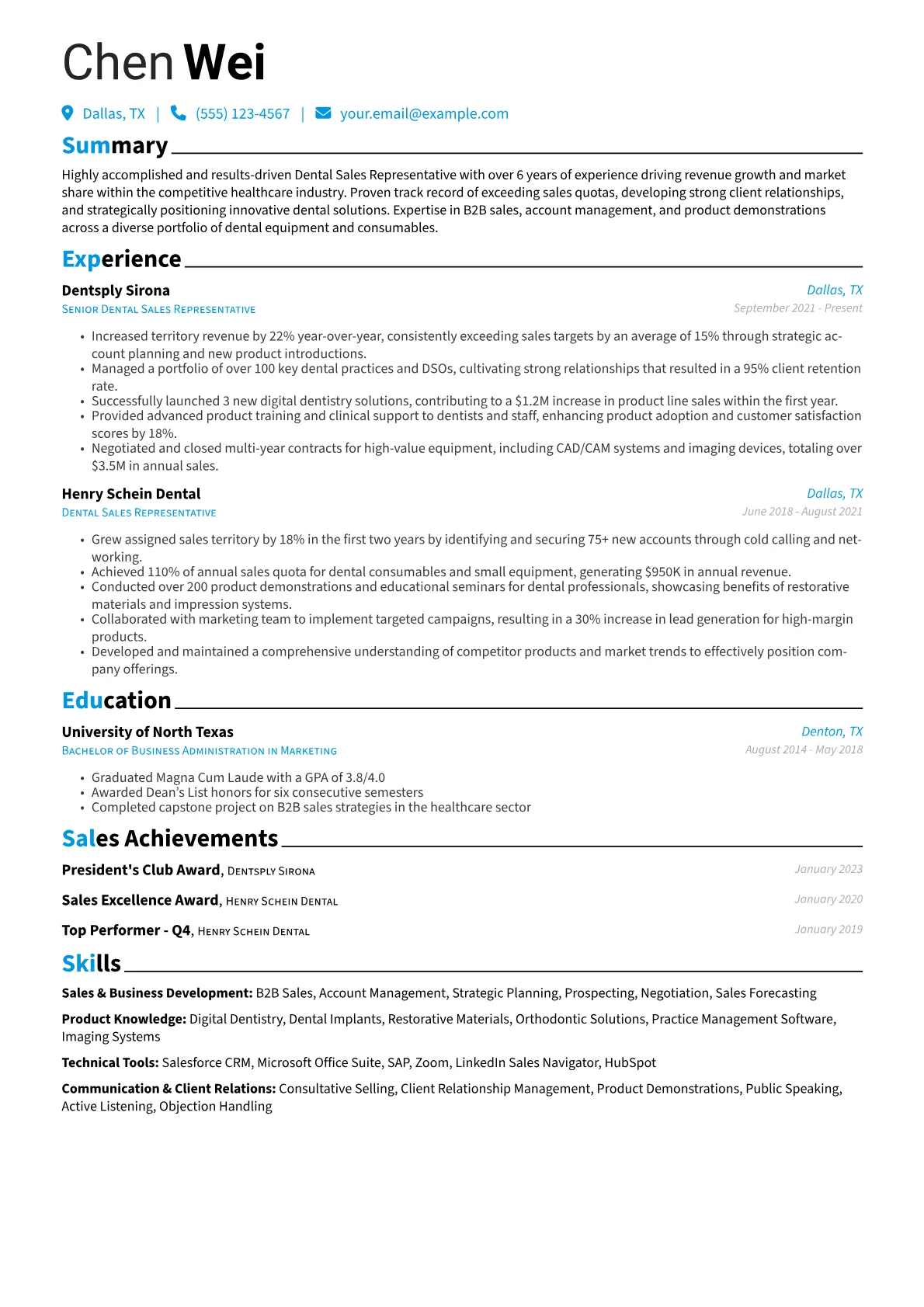 Dental Sales Representative Resume Example CV template - Page 1
