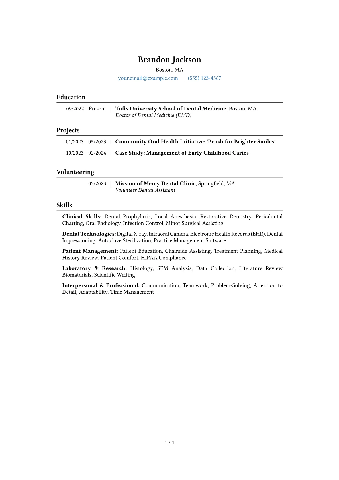 Dental Student Resume Example CV template - Page 1