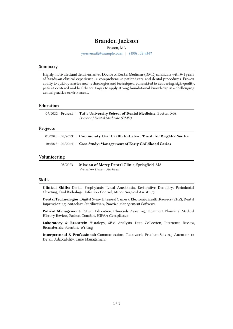 Dental Student Resume Example CV template preview