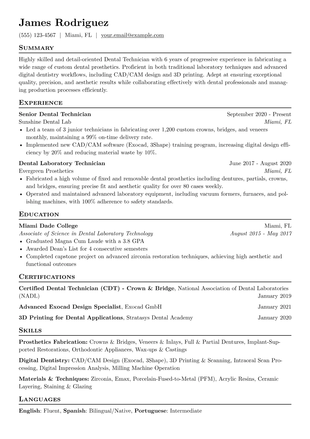 Dental Technician Resume Example CV template - Page 1