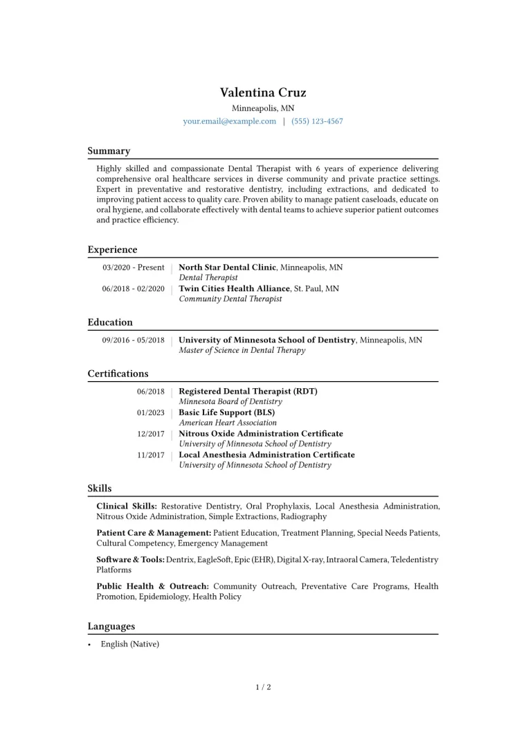 Dental Therapist Resume Example CV template preview