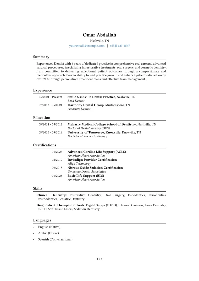Dentist Resume Example CV template preview
