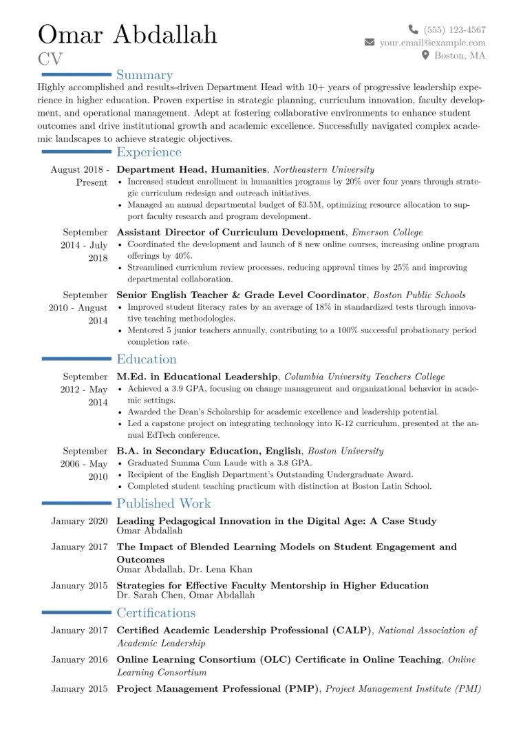 Department Head Resume Example CV template preview