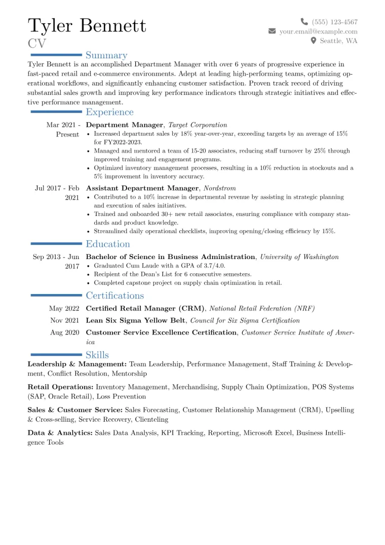 Department Manager Resume Example CV template preview