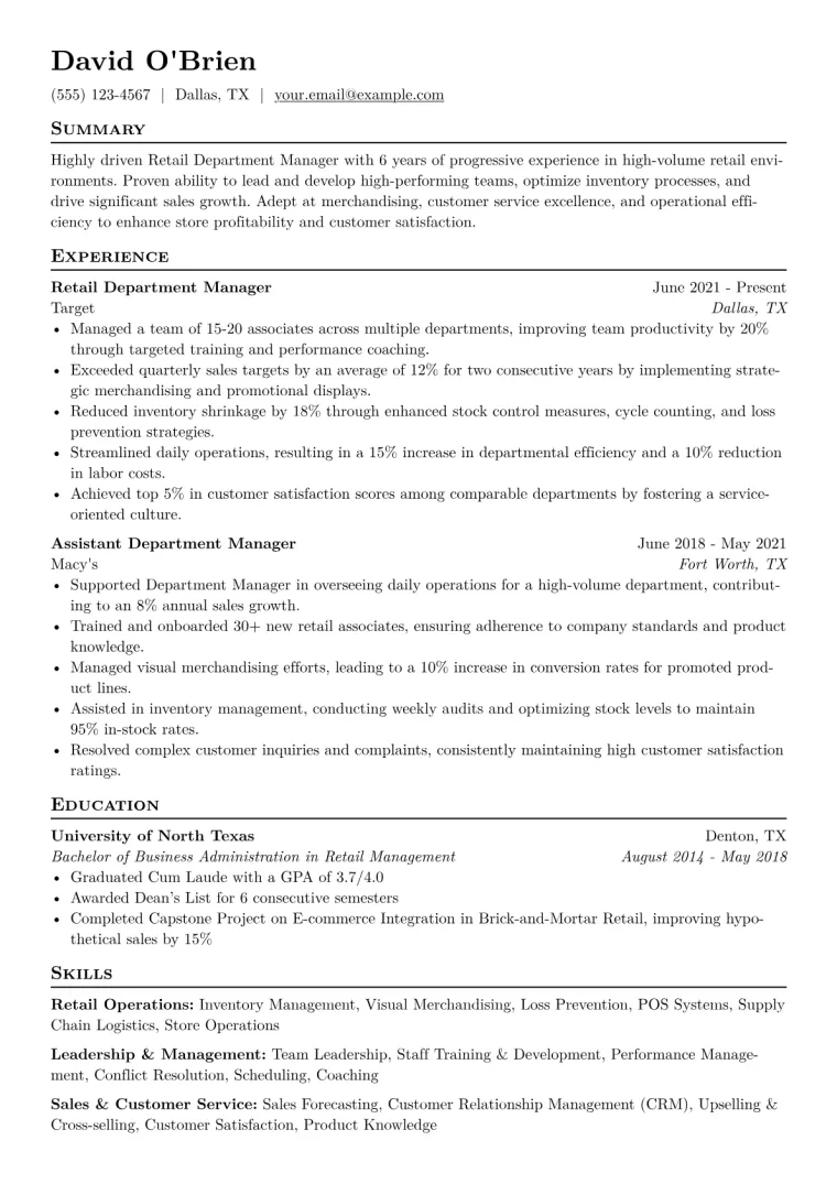 Retail Department Manager Resume Example CV template preview