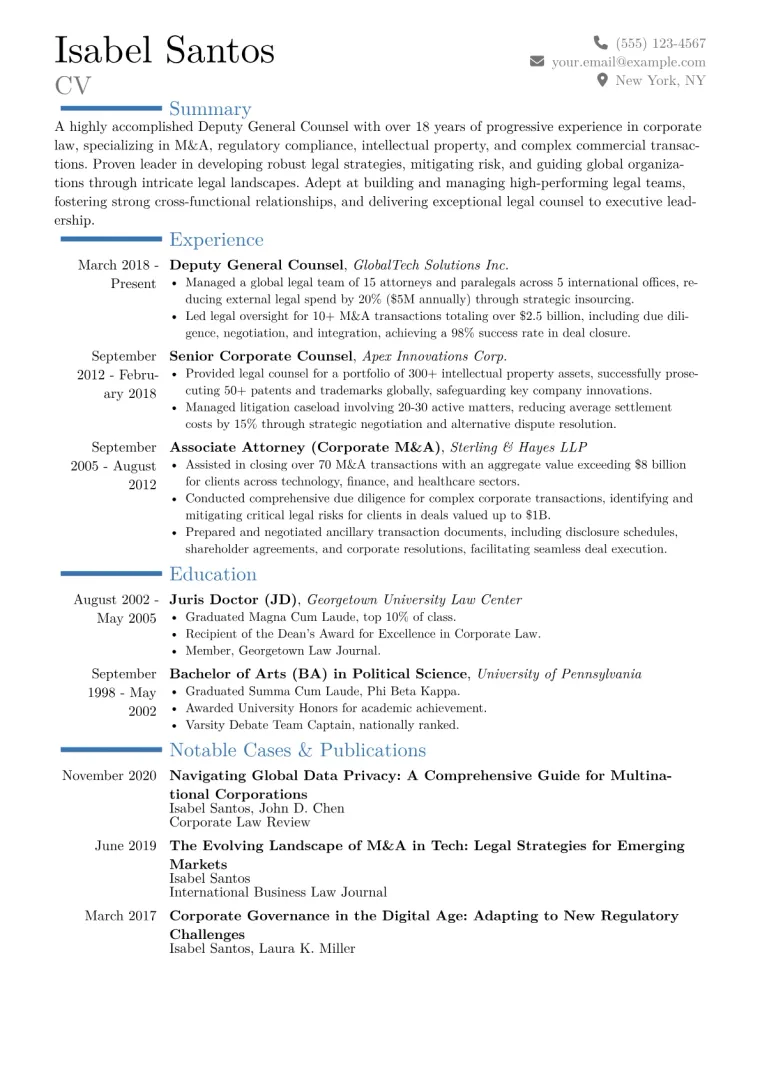 Deputy General Counsel Resume Example CV template preview
