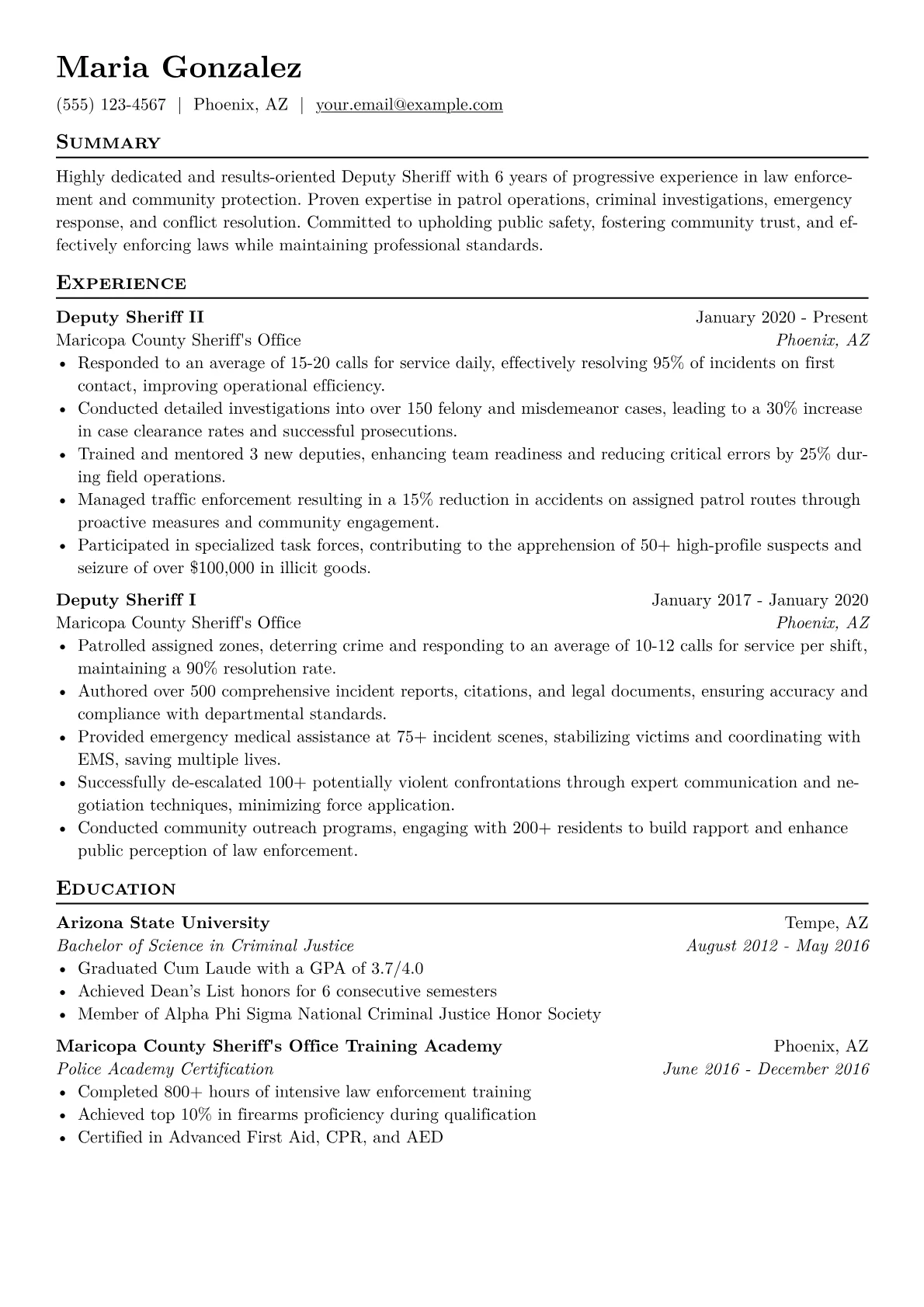 Deputy Sheriff Resume Example CV template - Page 1