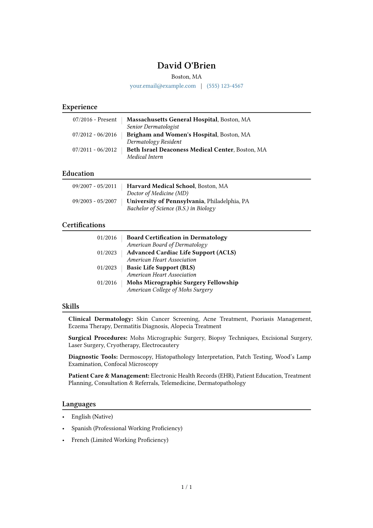 Dermatologist Resume Example CV template - Page 1