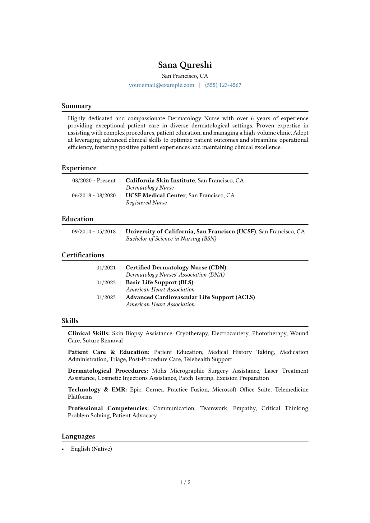 Dermatology Nurse Resume Example CV template - Page 1