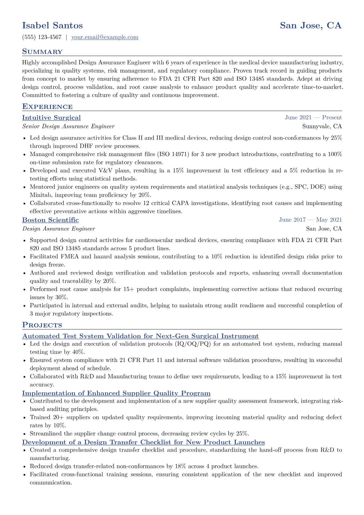 Design Assurance Engineer Resume Example CV template - Page 1