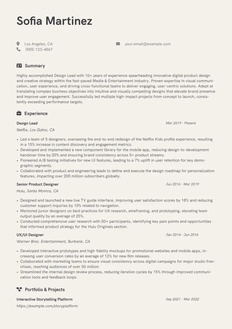 Design Lead Resume Example CV template preview