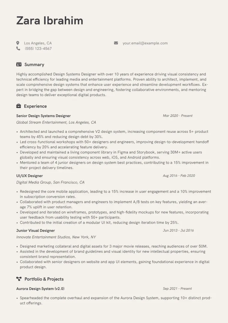 Design Systems Designer Resume Example CV template preview