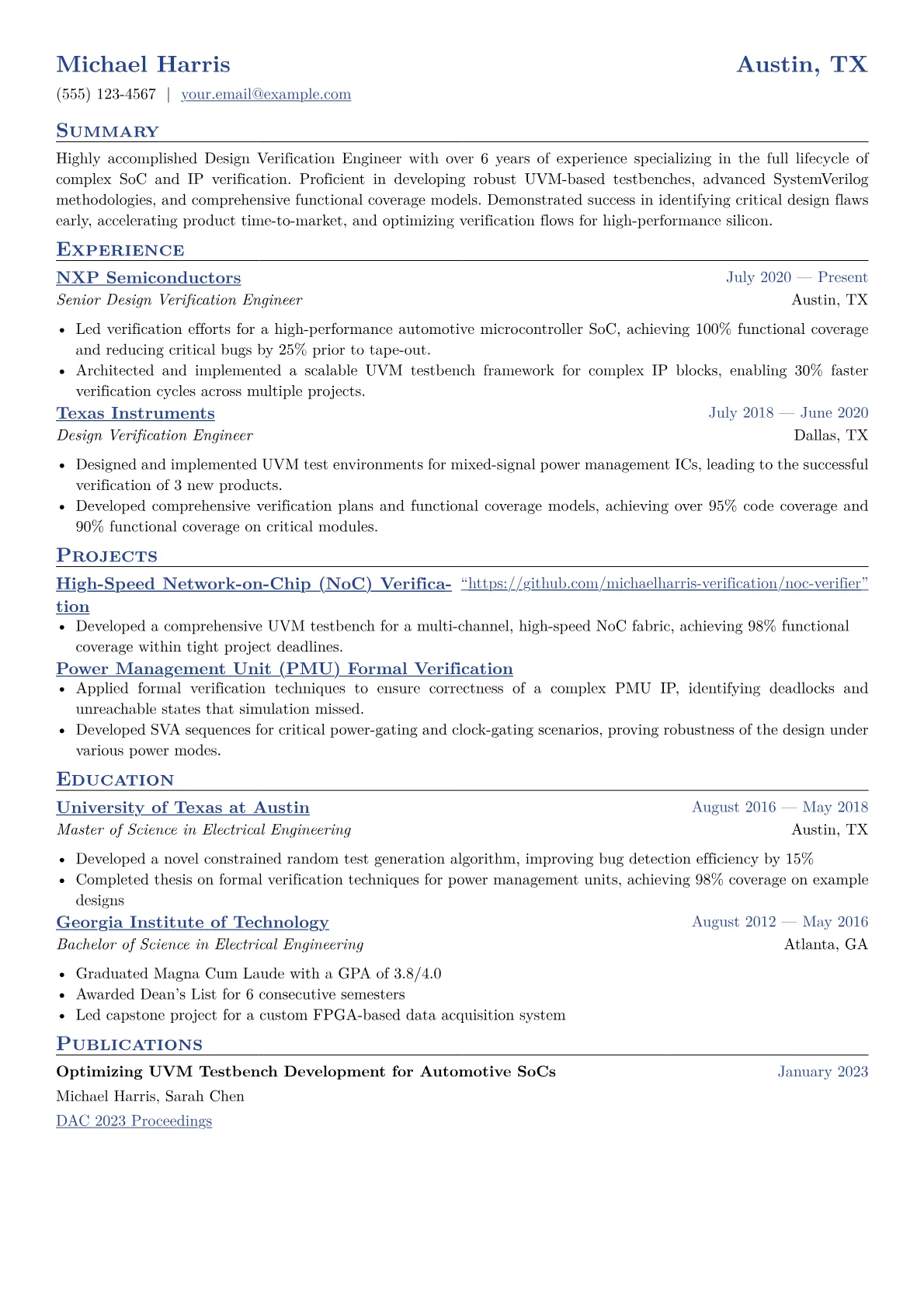 Design Verification Engineer Resume Example CV template - Page 1