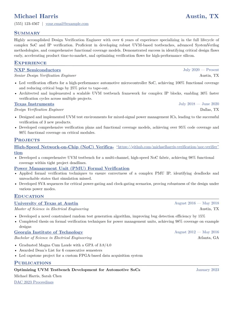 Design Verification Engineer Resume Example CV template preview