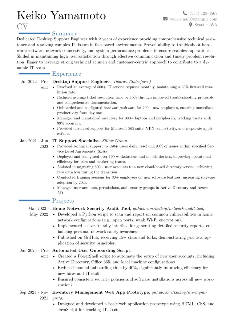 Desktop Support Engineer Resume Example CV template preview