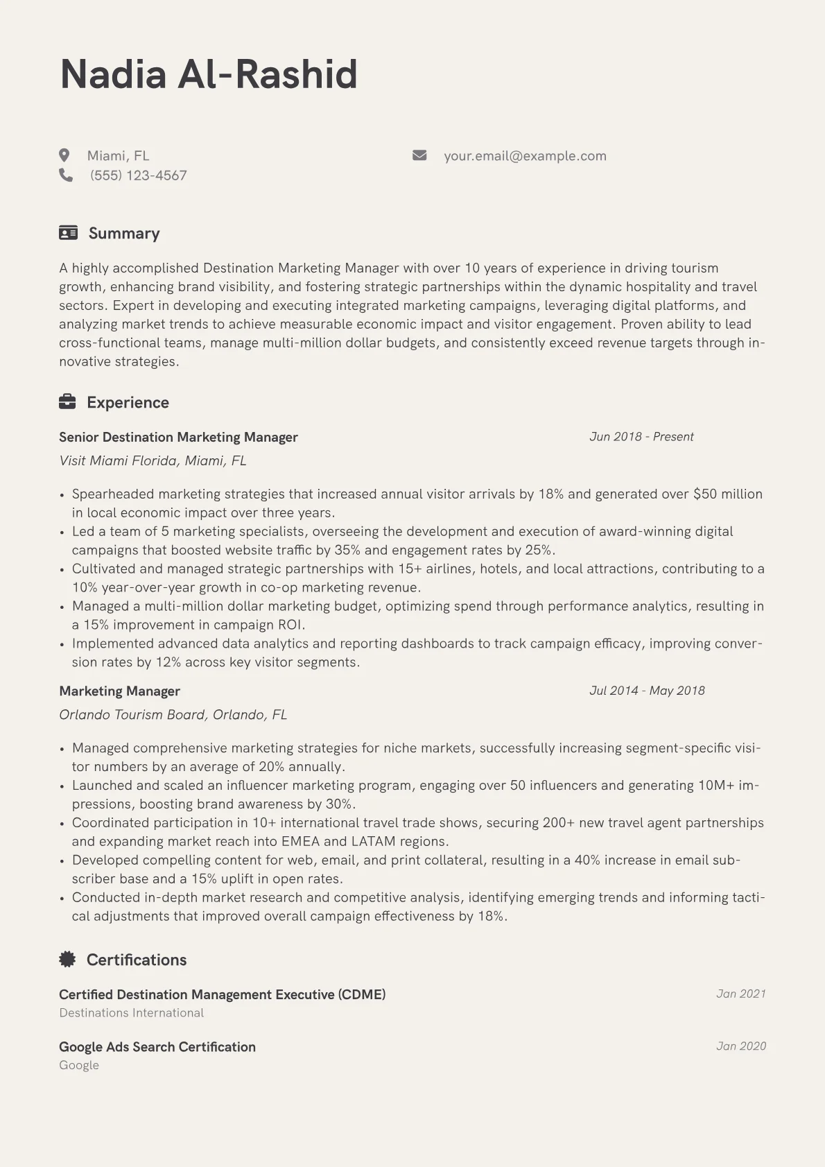 Destination Marketing Manager Resume Example CV template - Page 1