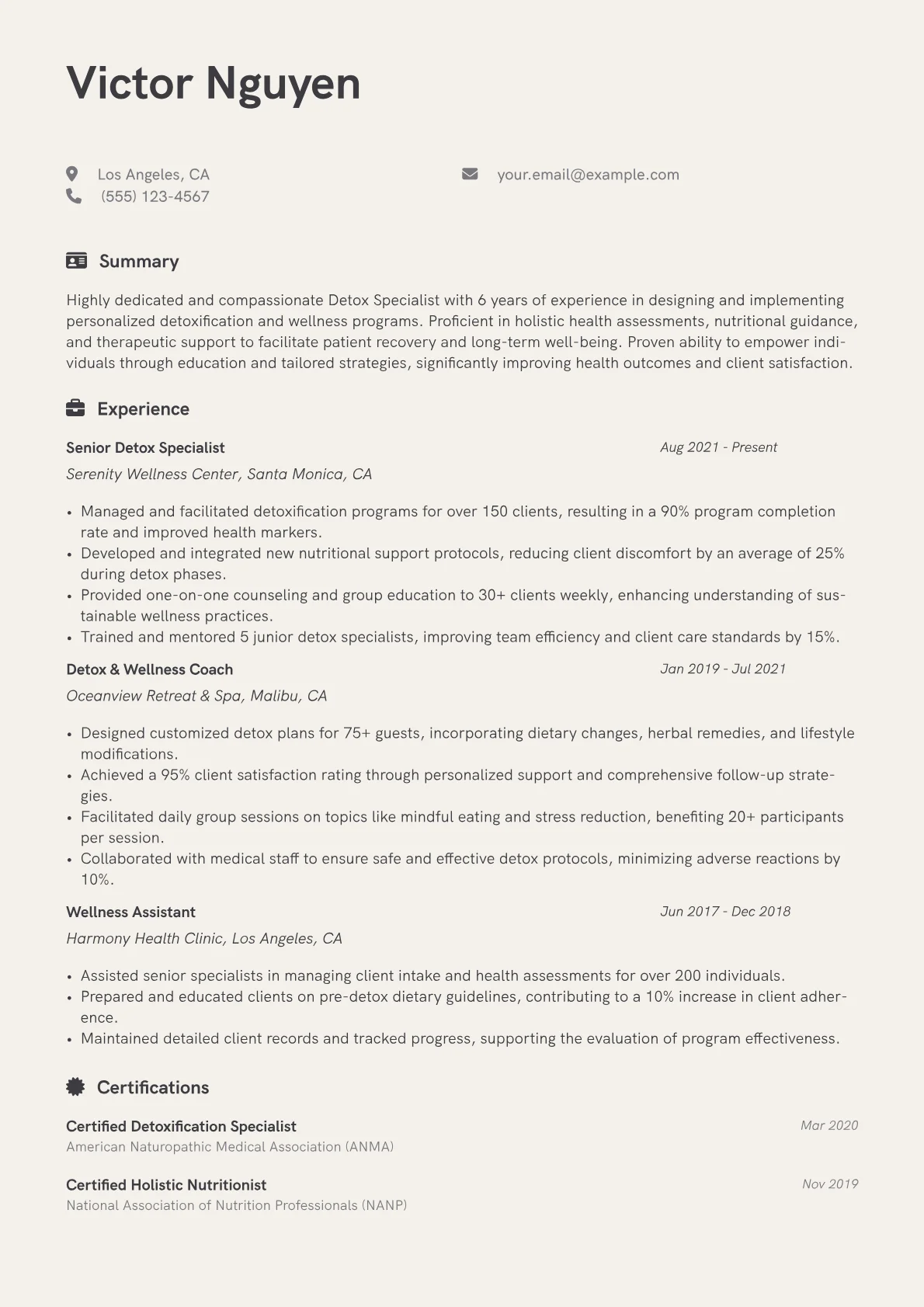 Detox Specialist Resume Example CV template - Page 1