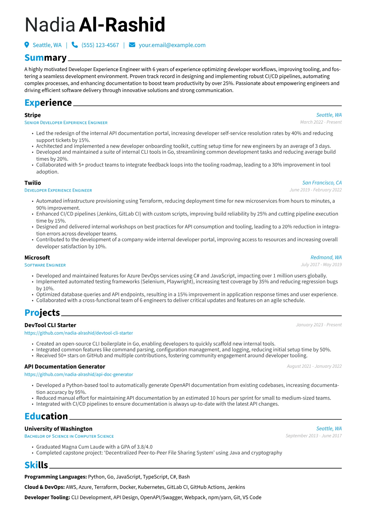 Developer Experience Engineer Resume Example CV template - Page 1