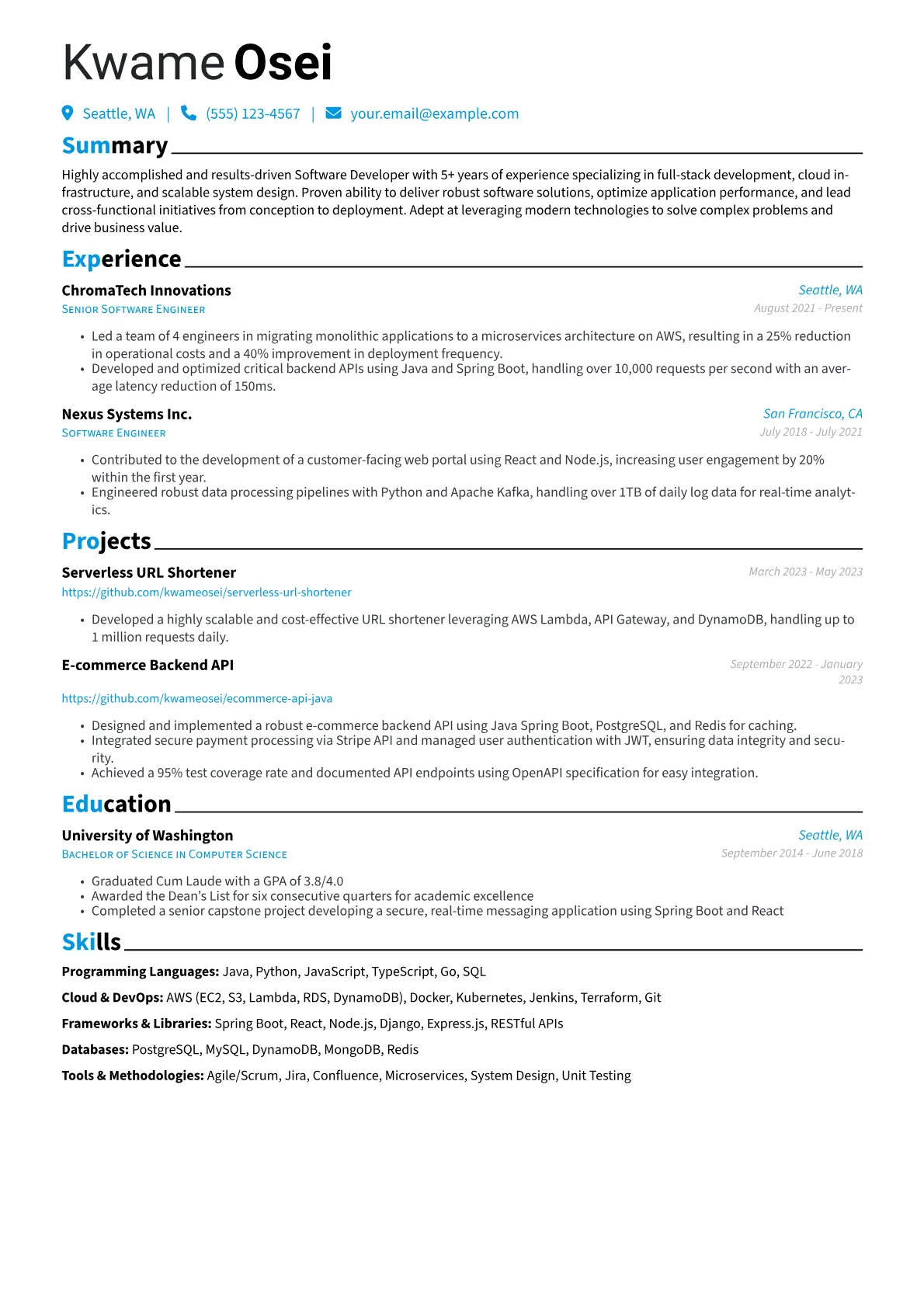 Developer Resume Example CV template - Page 1