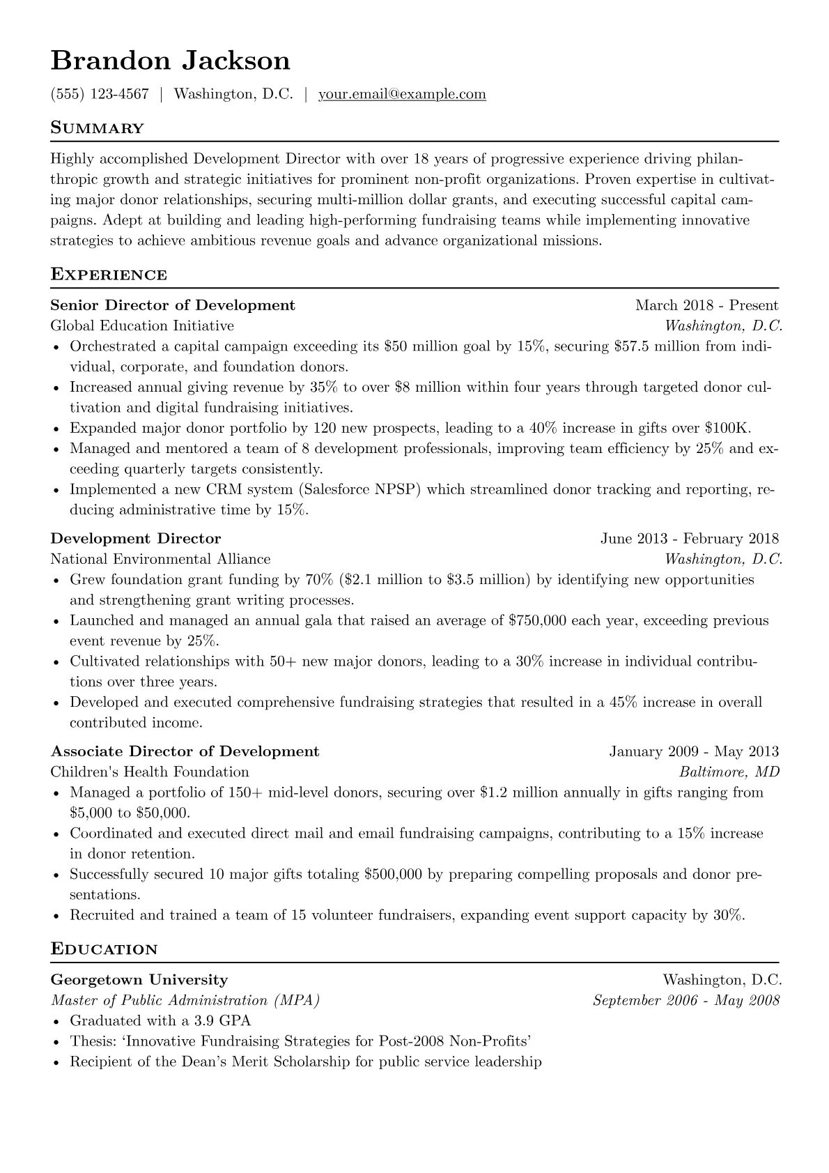 Development Director Resume Example CV template - Page 1