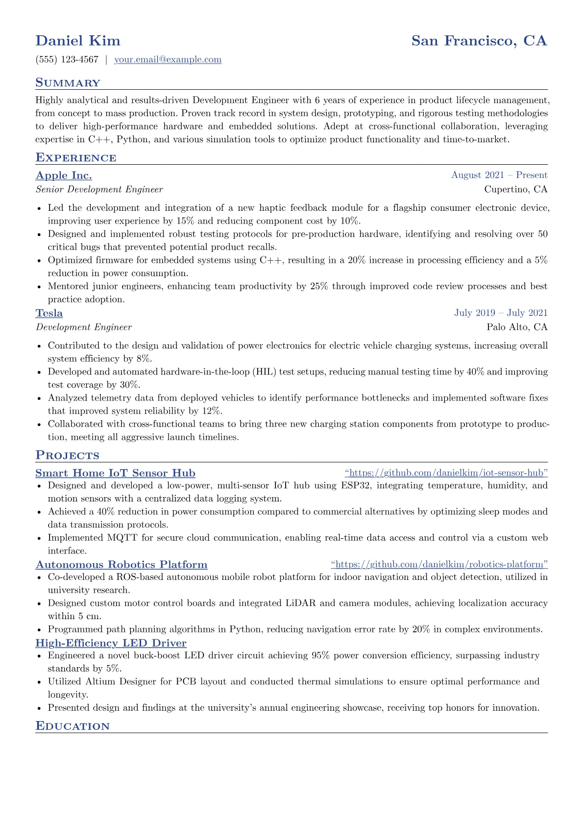 Development Engineer Resume Example CV template - Page 1