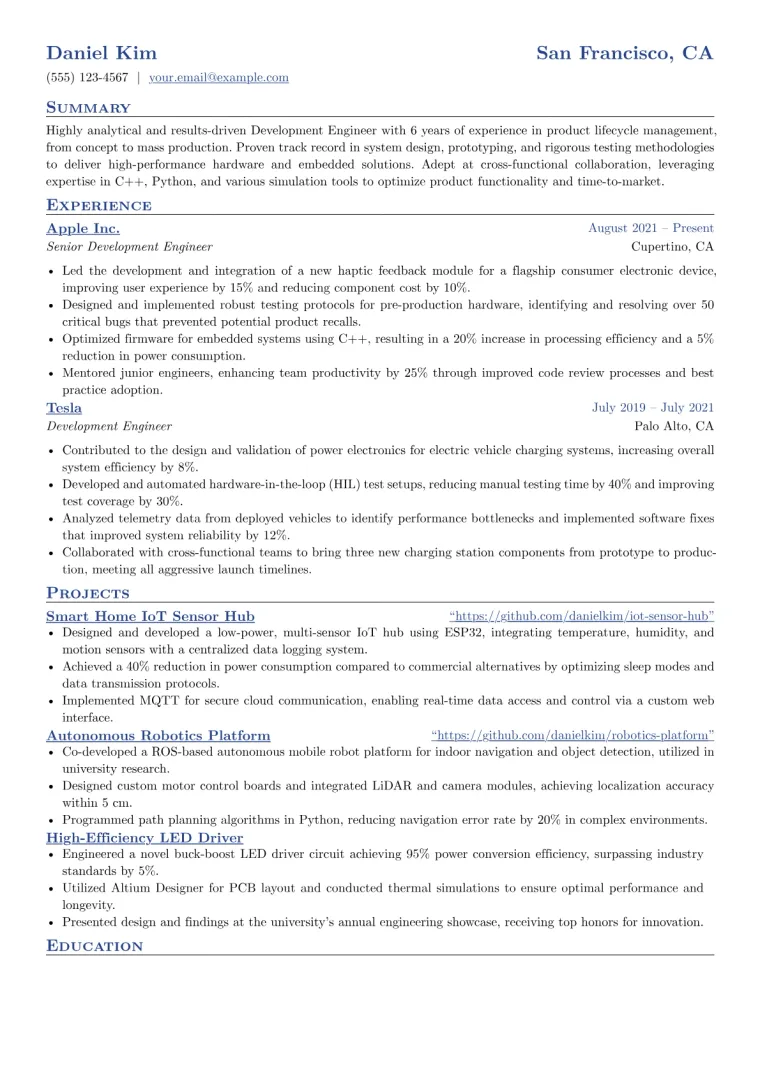 Development Engineer Resume Example CV template preview
