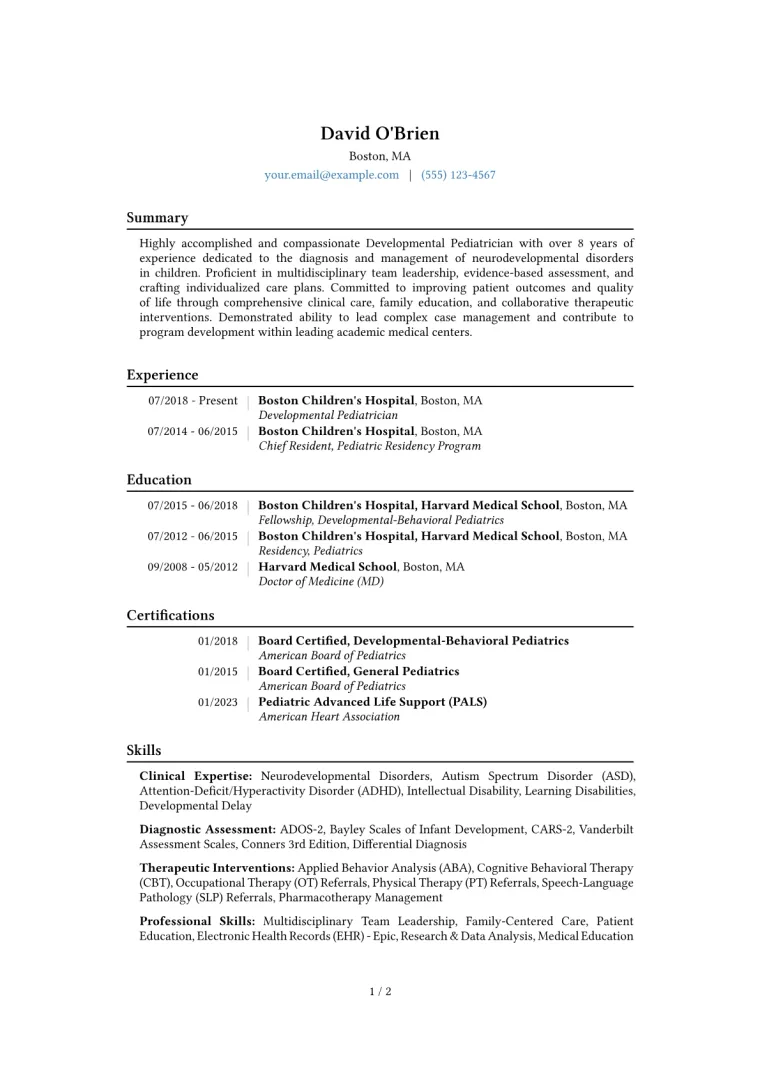 Developmental Pediatrician Resume Example CV template preview