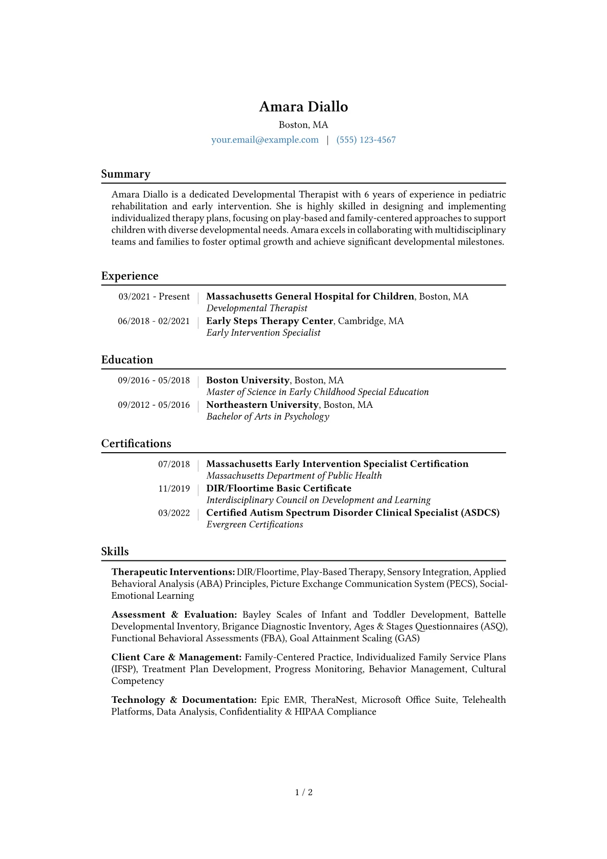 Developmental Therapist Resume Example CV template - Page 1