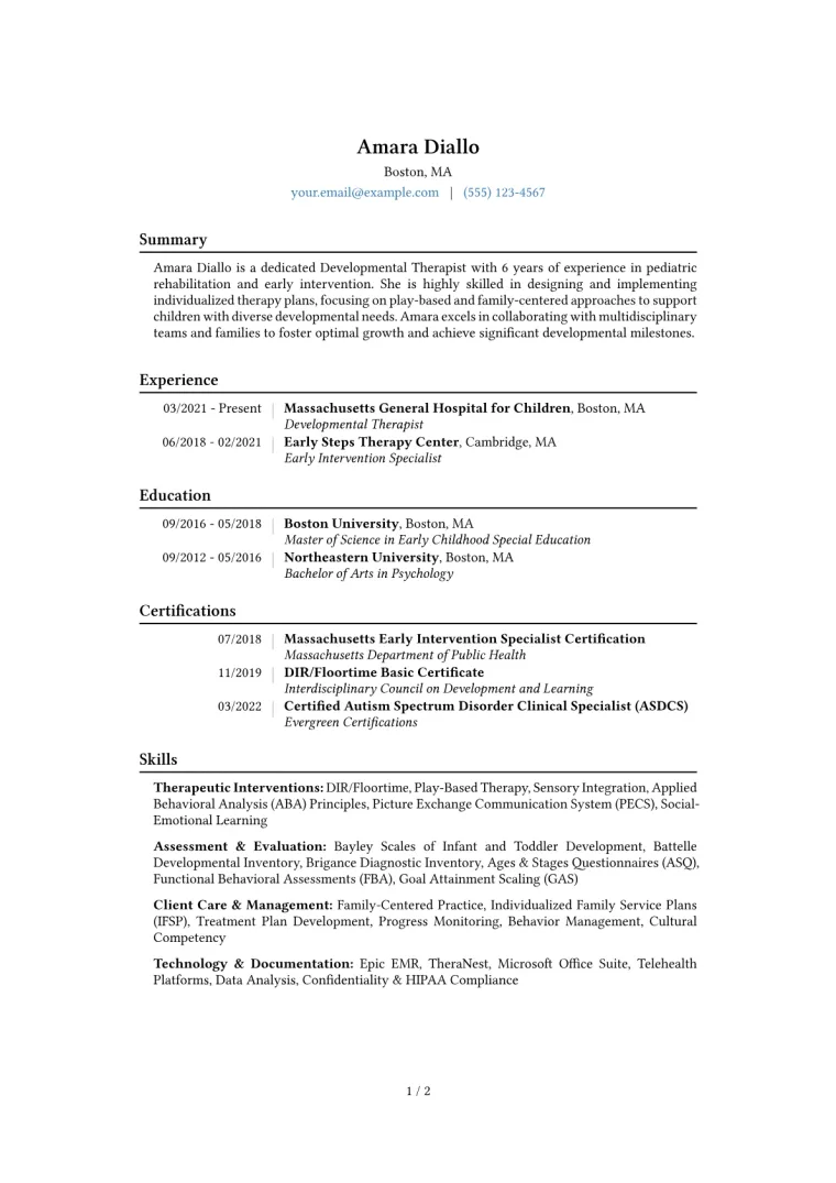 Developmental Therapist Resume Example CV template preview
