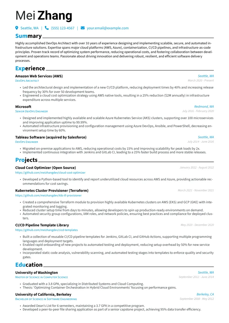 DevOps Architect Resume Example CV template preview