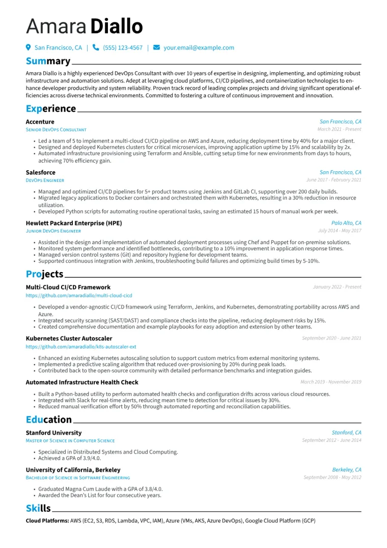 DevOps Consultant Resume Example CV template preview