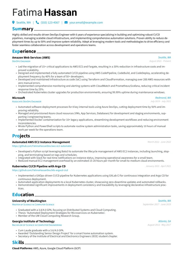 DevOps Engineer Resume Example CV template preview