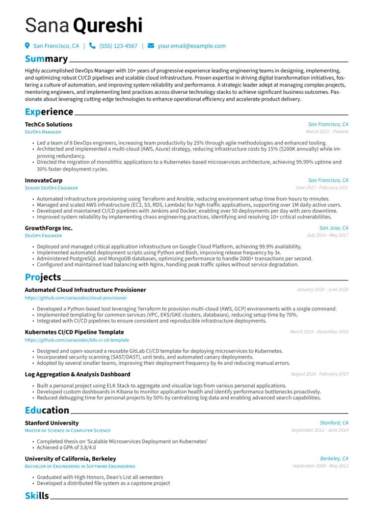 DevOps Manager Resume Example CV template preview