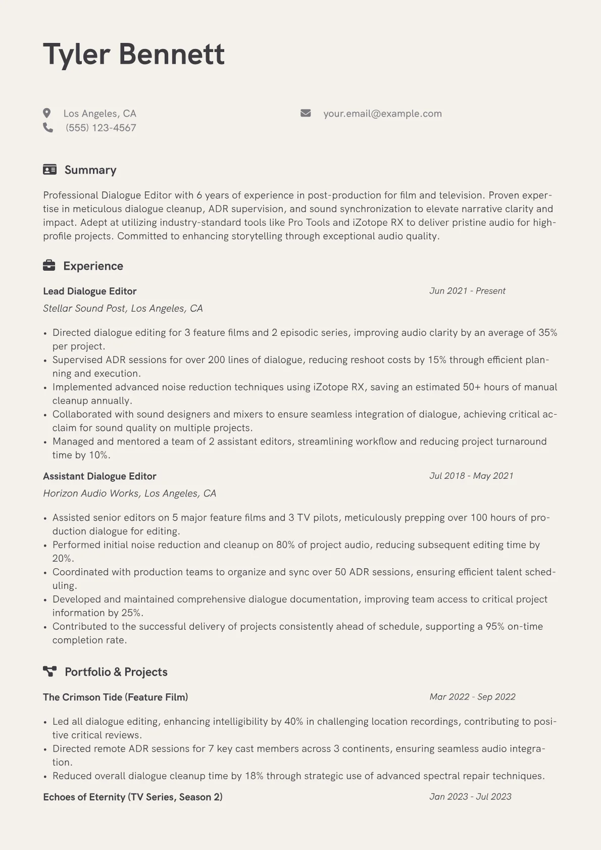 Dialogue Editor Resume Example CV template - Page 1