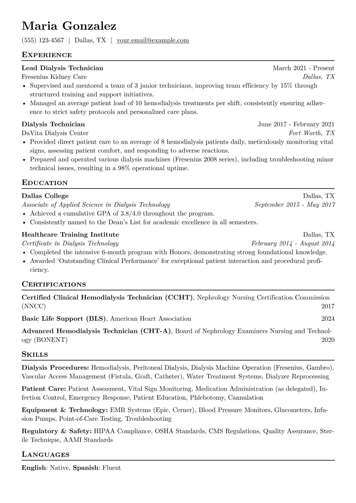 Dialysis Technician Resume Example CV template - Page 1