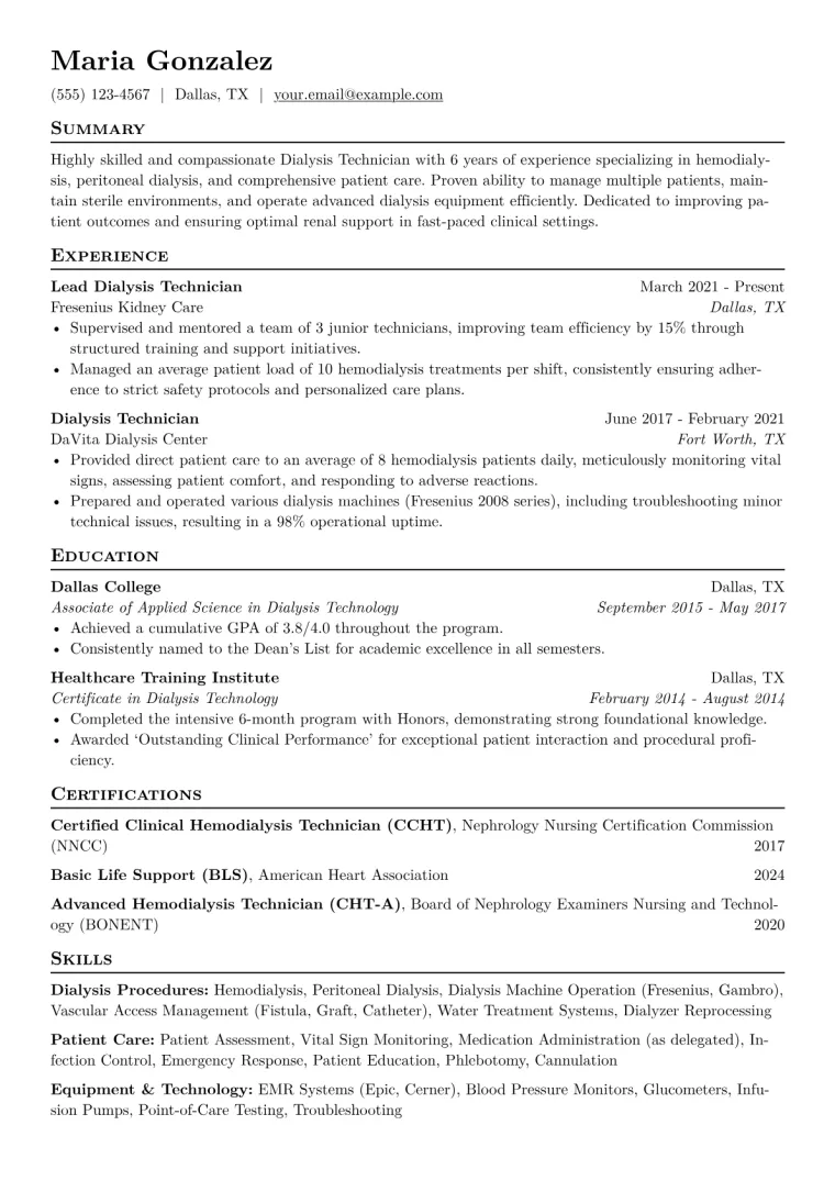 Dialysis Technician Resume Example