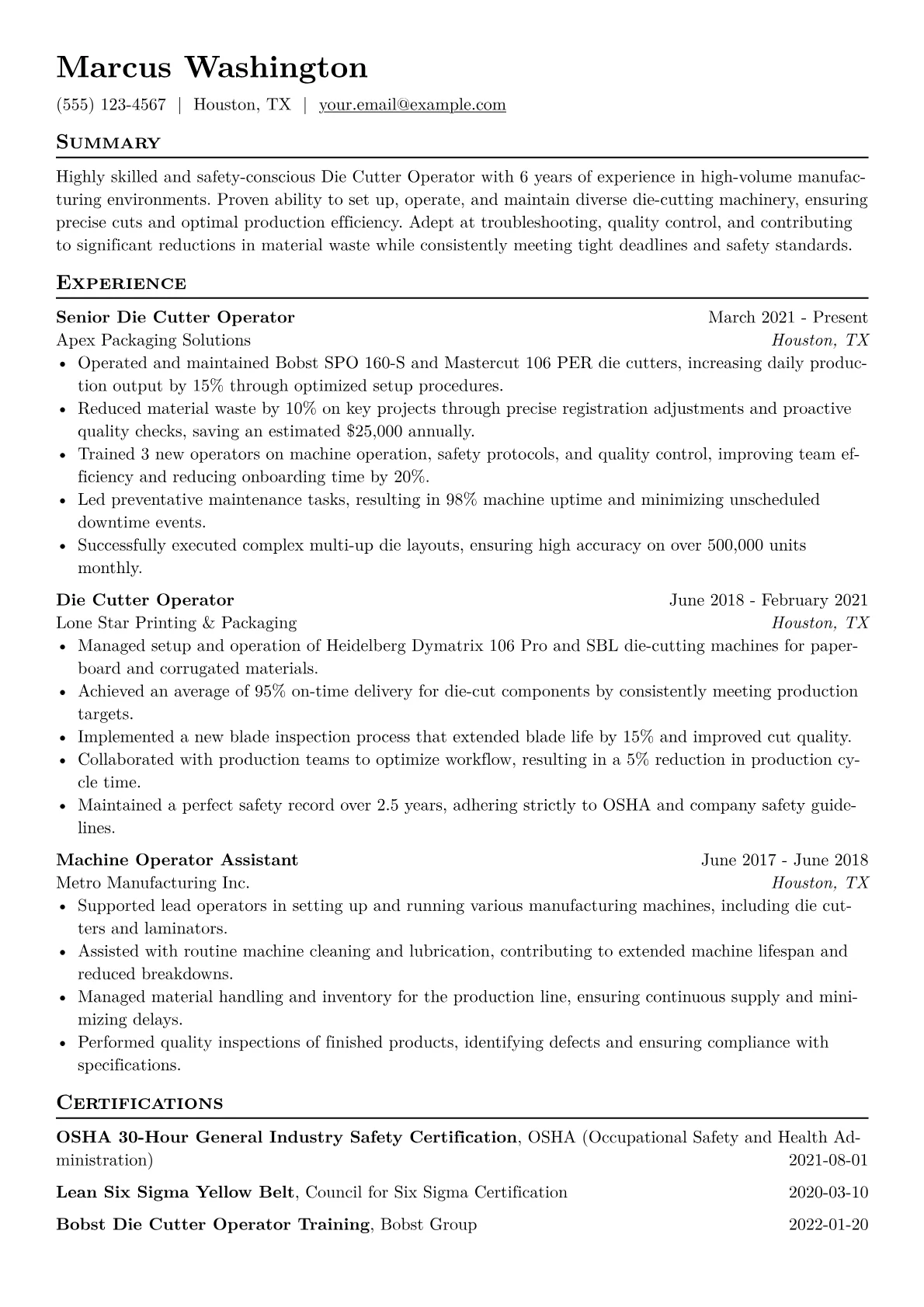 Die Cutter Operator Resume Example CV template - Page 1