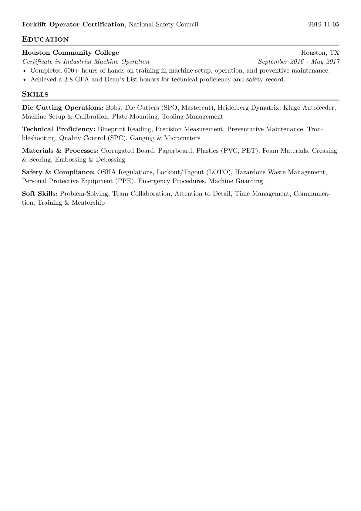 Die Cutter Operator Resume Example CV template - Page 2