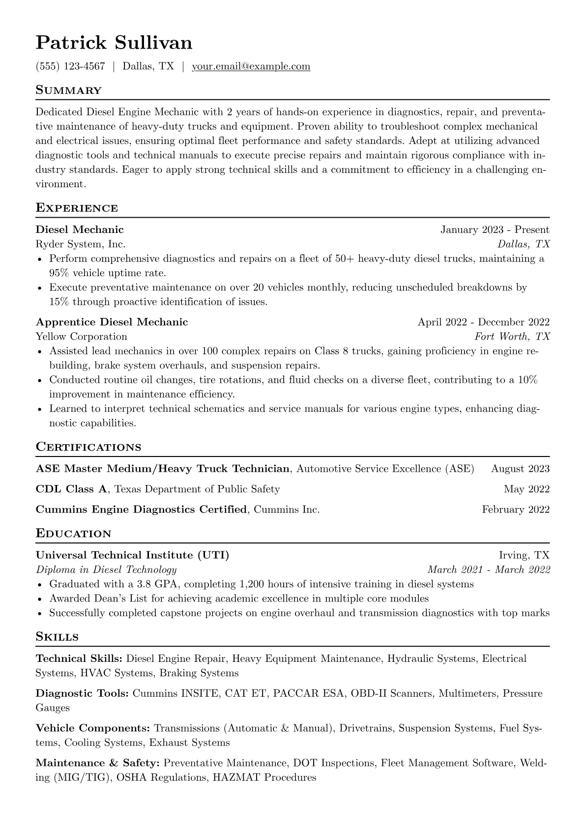 Diesel Engine Mechanic Resume Example CV template - Page 1