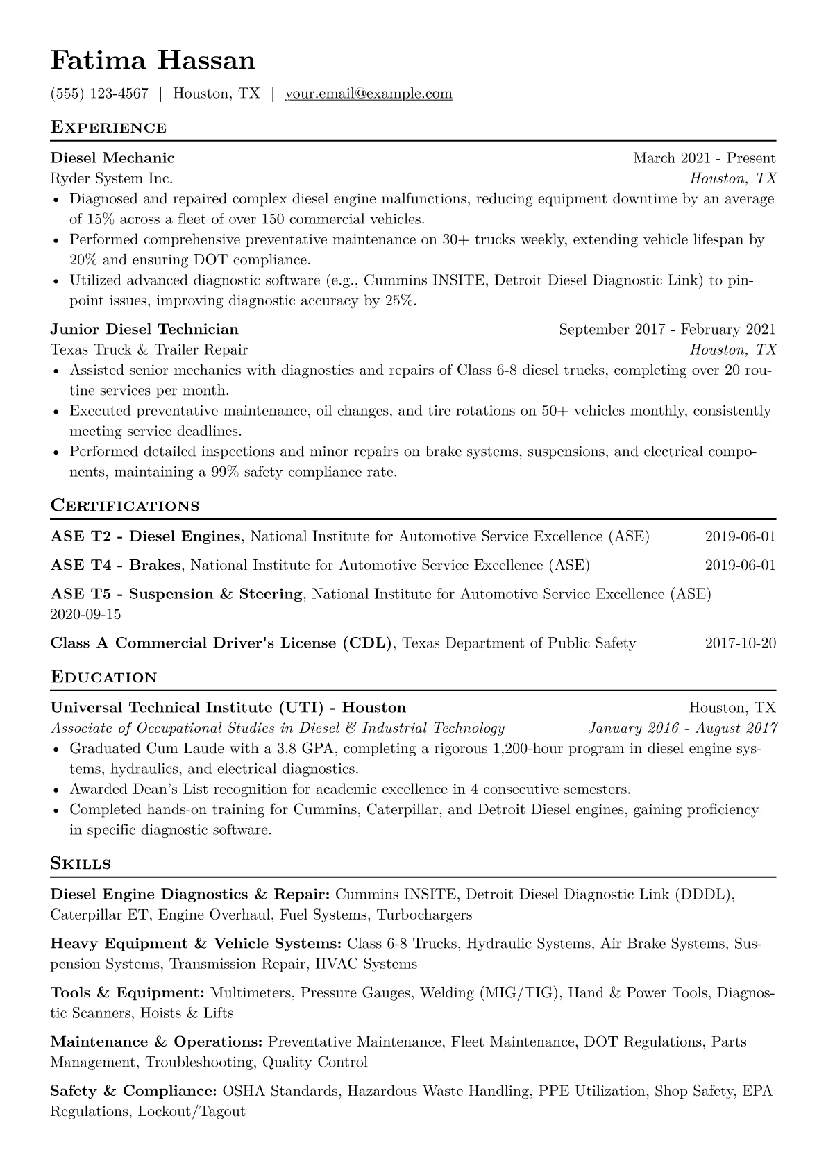 Diesel Mechanic Resume Example CV template - Page 1