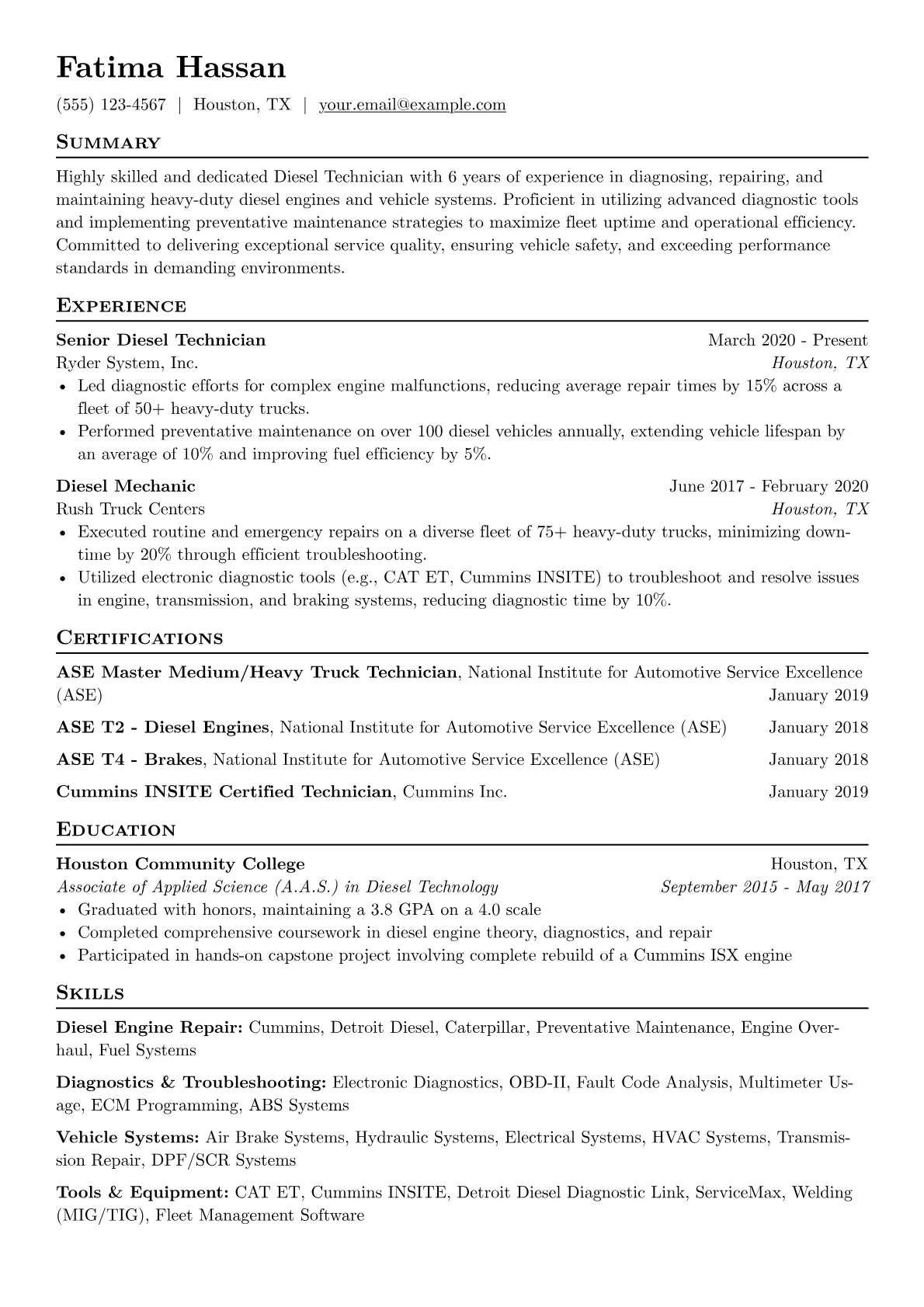 Diesel Technician Resume Example CV template - Page 1