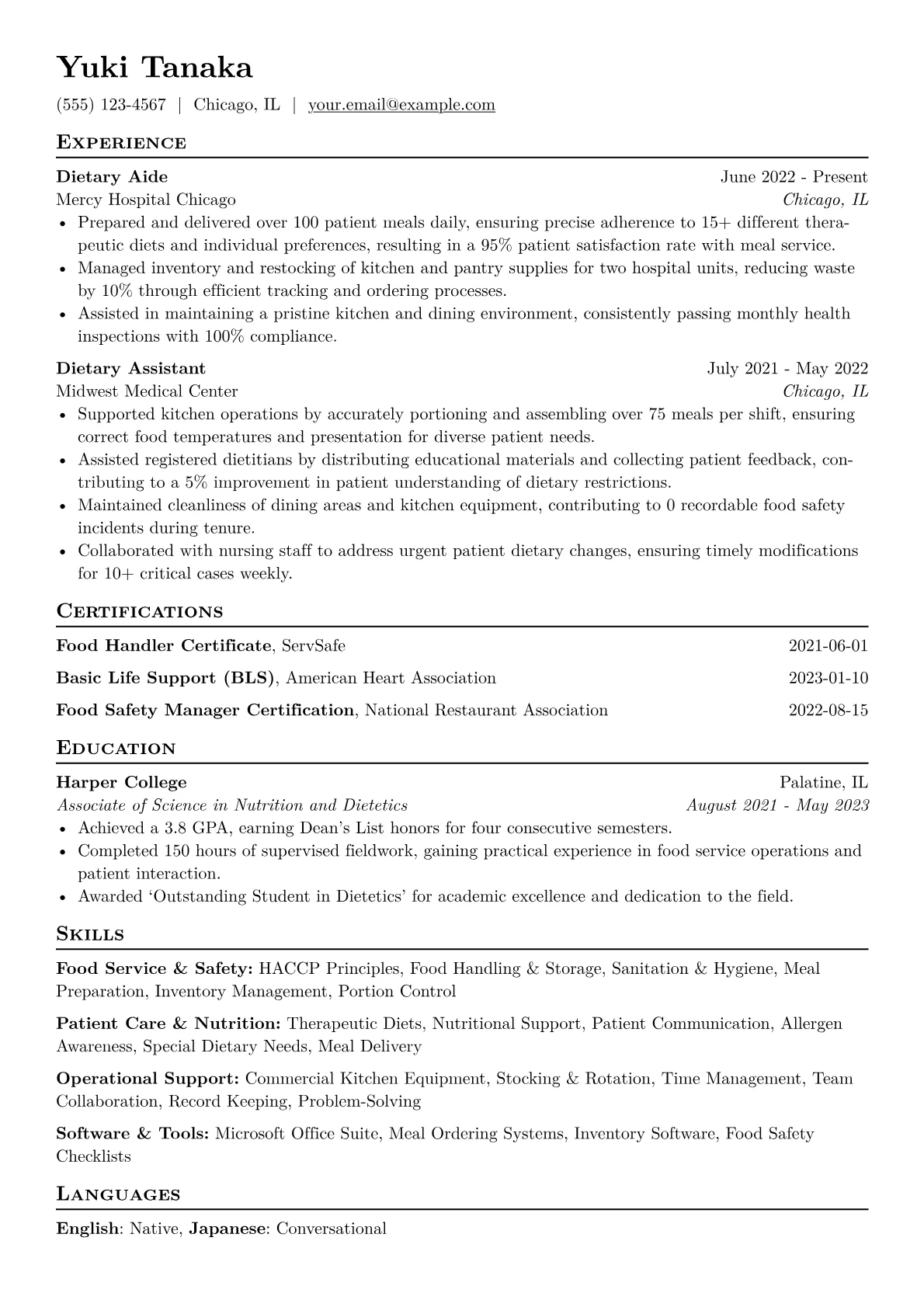 Dietary Aide Resume Example CV template - Page 1