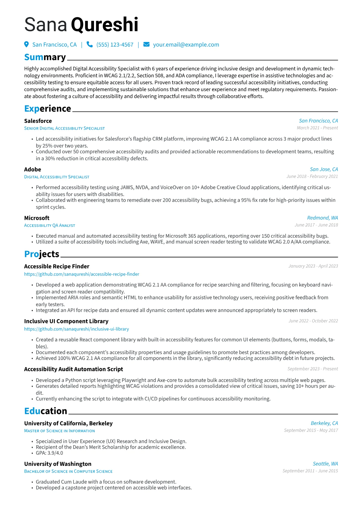 Digital Accessibility Specialist Resume Example CV template - Page 1