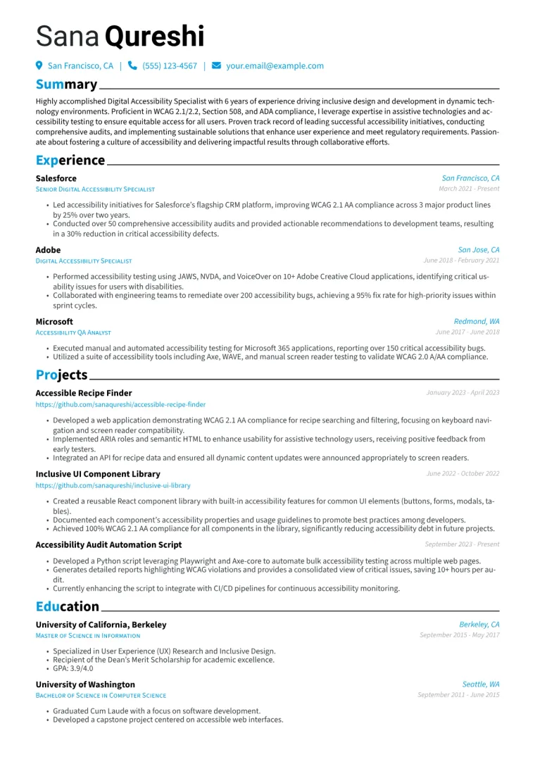 Digital Accessibility Specialist Resume Example CV template preview