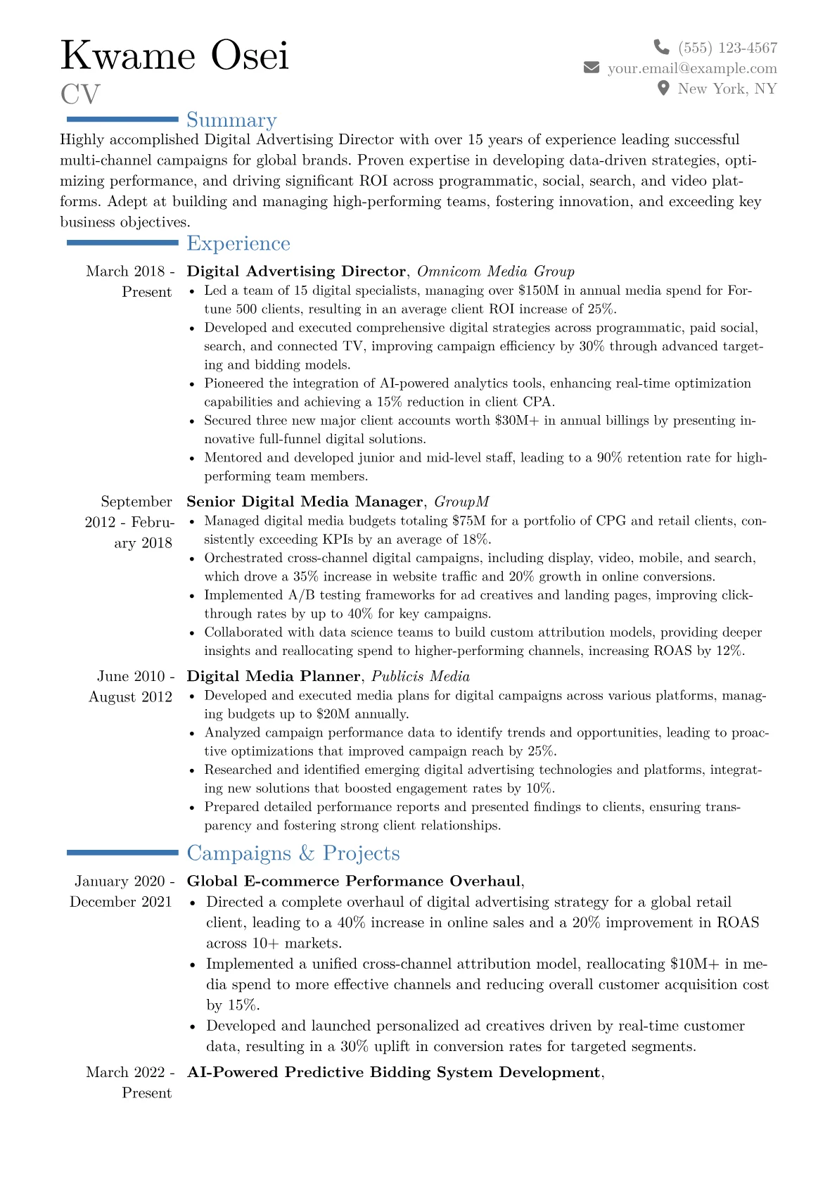 Digital Advertising Director Resume Example CV template - Page 1