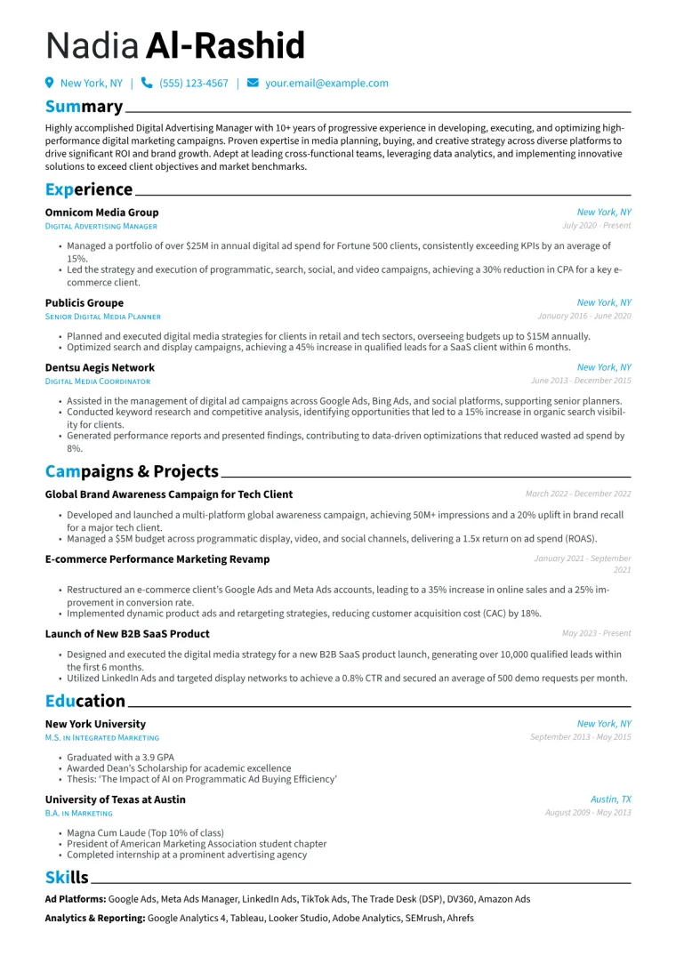 Digital Advertising Manager Resume Example CV template preview
