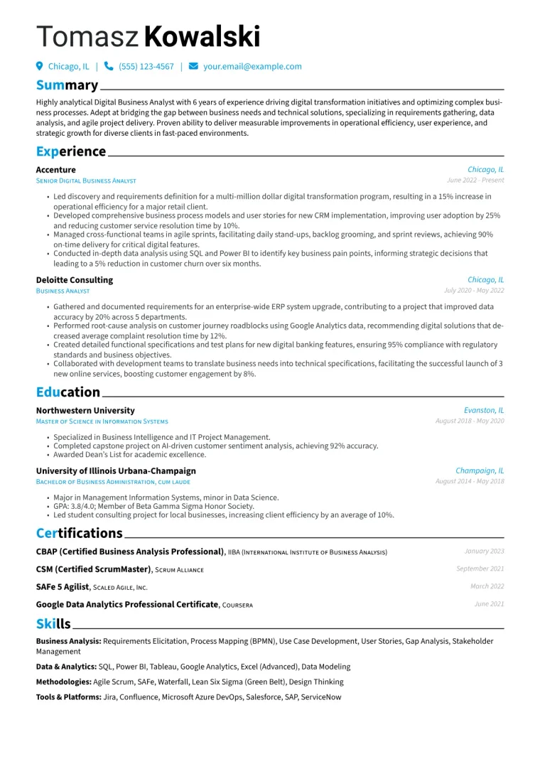 Digital Business Analyst Resume Example CV template preview