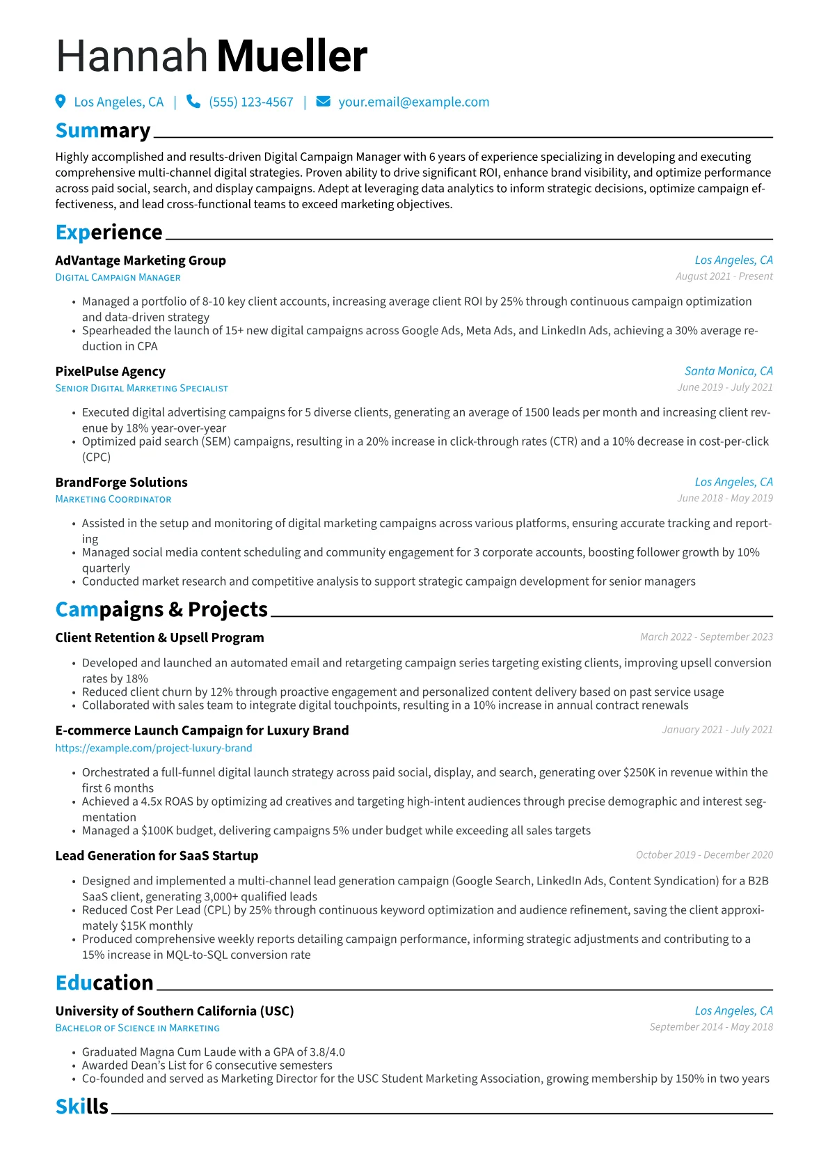 Digital Campaign Manager Resume Example CV template - Page 1