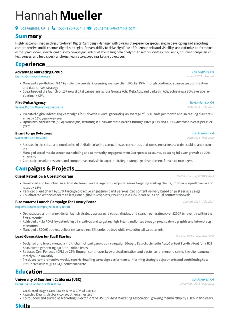 Digital Campaign Manager Resume Example CV template preview